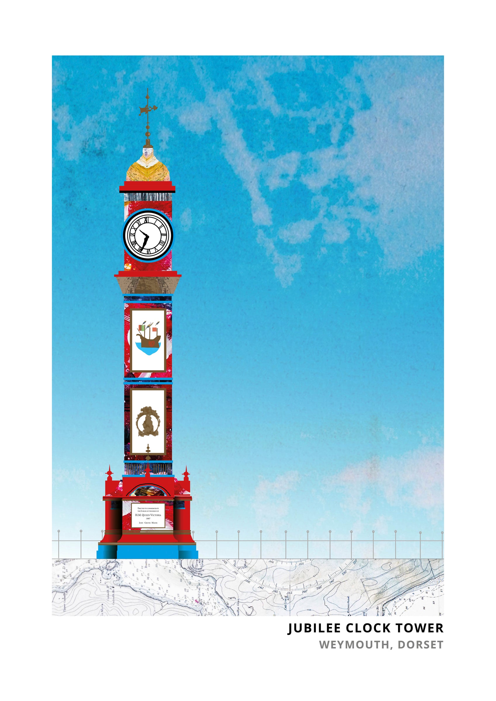 Jubilee Clock Tower Weymouth art print by Vicki Shortt, the painted clock tower on the seafront