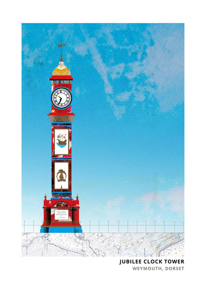 Jubilee Clock Tower Weymouth art print by Vicki Shortt, the painted clock tower on the seafront