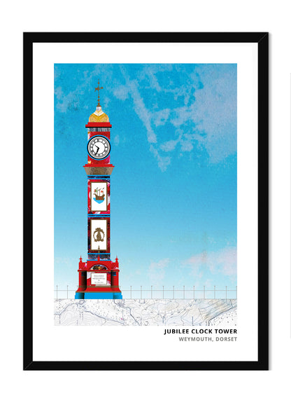 Jubilee Clock Tower Weymouth art print by Vicki Shortt, the painted clock tower on the seafront, in a black frame