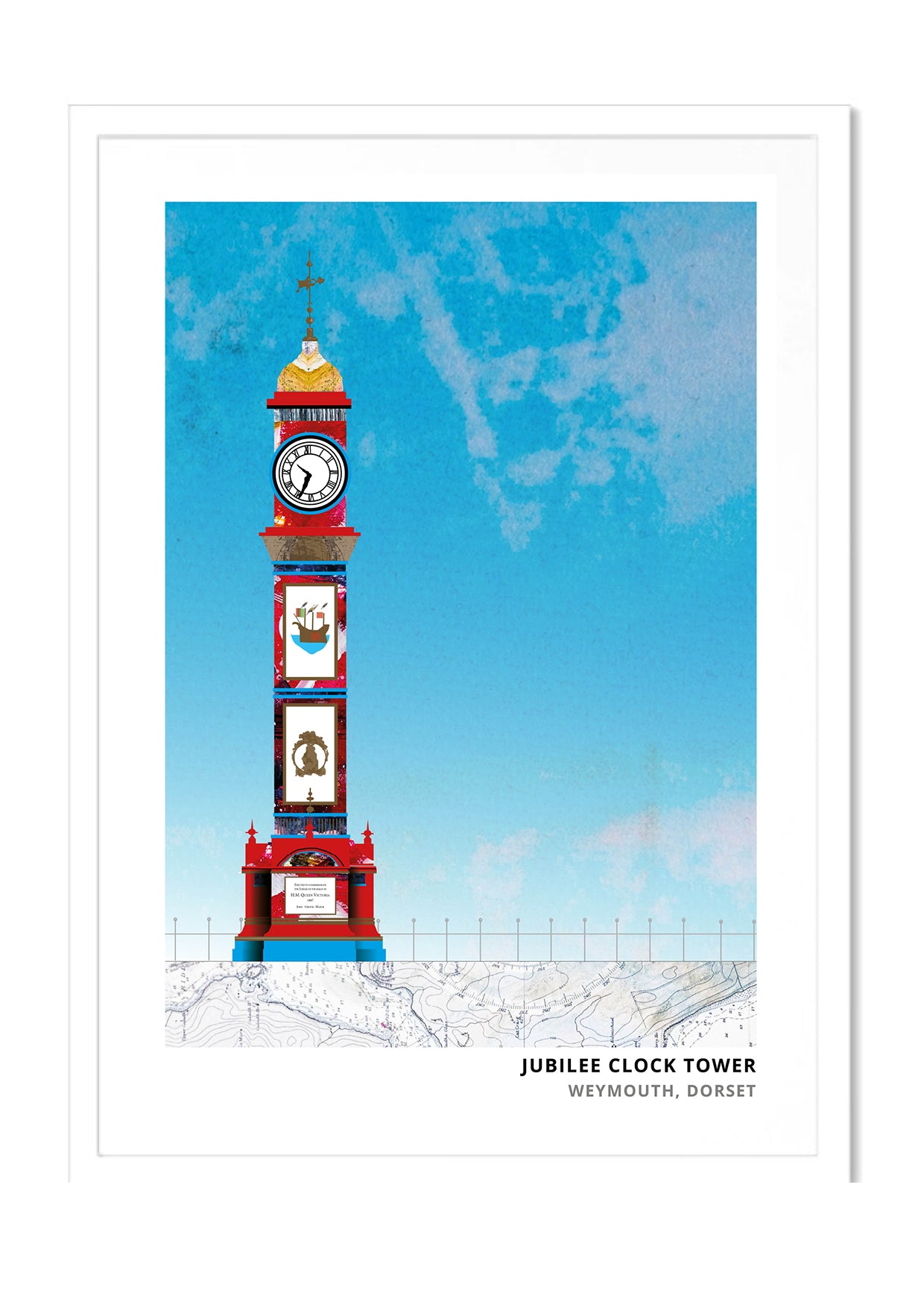 Jubilee Clock Tower Weymouth art print by Vicki Shortt, the painted clock tower on the seafront, in a white frame