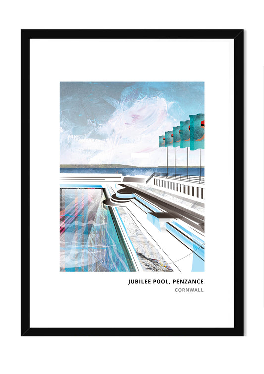 Jubilee Pool, Penzance art print by Vicki Shortt, the art deco seawater lido on the promenade, in a black frame