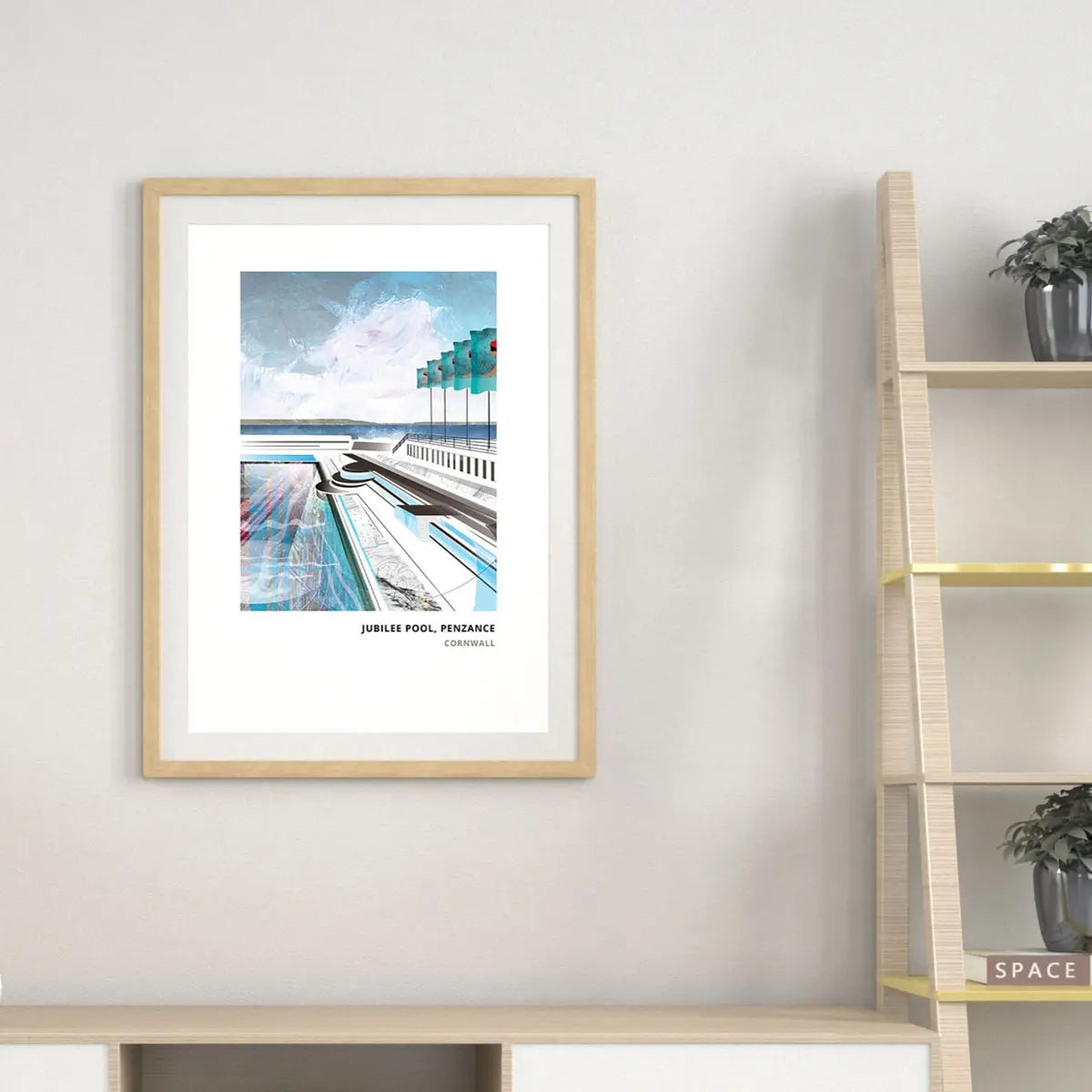 Jubilee Pool, Penzance art print by Vicki Shortt, the art deco seawater lido on the promenade, framed in a room setting