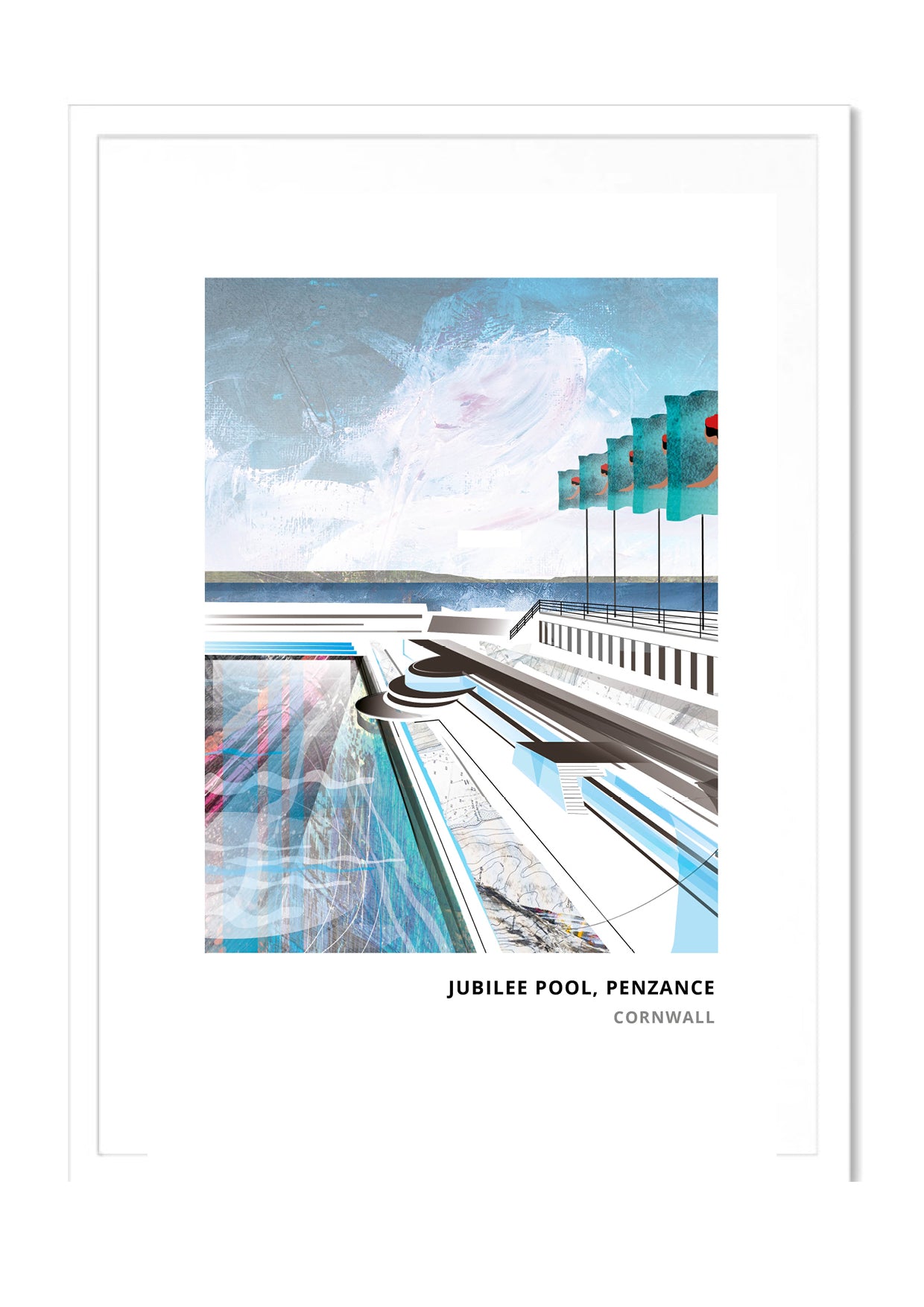 Jubilee Pool, Penzance art print by Vicki Shortt, the art deco seawater lido on the promenade, in a white frame