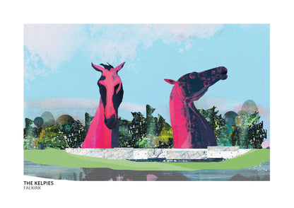 Kelpies art print by Vicki Shortt, the towering horse-head sculptures at Falkirk, Scotland