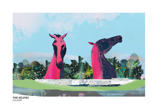 Kelpies art print by Vicki Shortt, the towering horse-head sculptures at Falkirk, Scotland