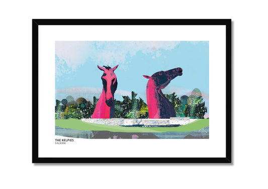 Kelpies art print by Vicki Shortt, the towering horse-head sculptures at Falkirk, Scotland, in a black frame