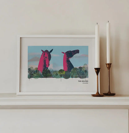 Kelpies art print by Vicki Shortt, the towering horse-head sculptures at Falkirk, Scotland, framed in a room setting