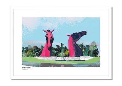 Kelpies art print by Vicki Shortt, the towering horse-head sculptures at Falkirk, Scotland, in a white frame