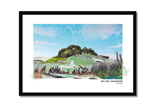 Kes Tor art print by Vicki Shortt, the granite tor on Dartmoor, Devon, in a black frame