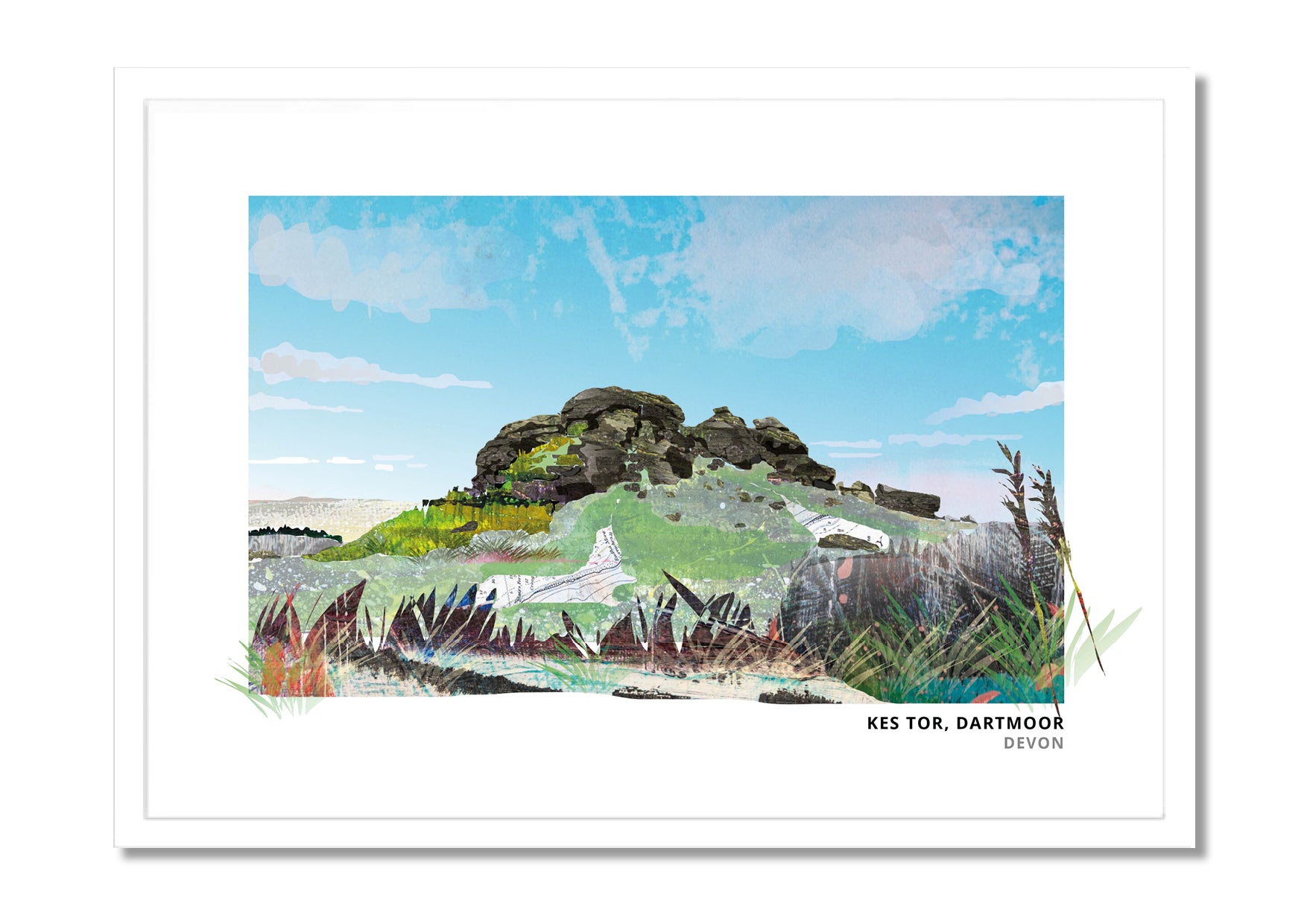 Kes Tor art print by Vicki Shortt, the granite tor on Dartmoor, Devon, in a white frame