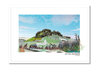 Kes Tor art print by Vicki Shortt, the granite tor on Dartmoor, Devon, in a white frame