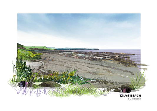 Kilve Beach art print by Vicki Shortt, the rocky ledges and shore at Kilve on the Somerset coast