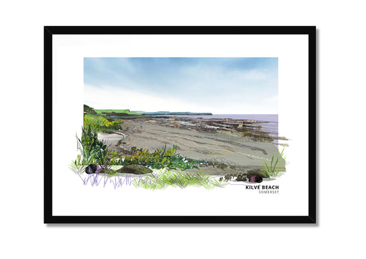 Kilve Beach art print by Vicki Shortt, the rocky ledges and shore at Kilve on the Somerset coast, in a black frame