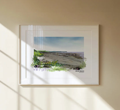 Kilve Beach art print by Vicki Shortt, the rocky ledges and shore at Kilve on the Somerset coast, framed in a room setting