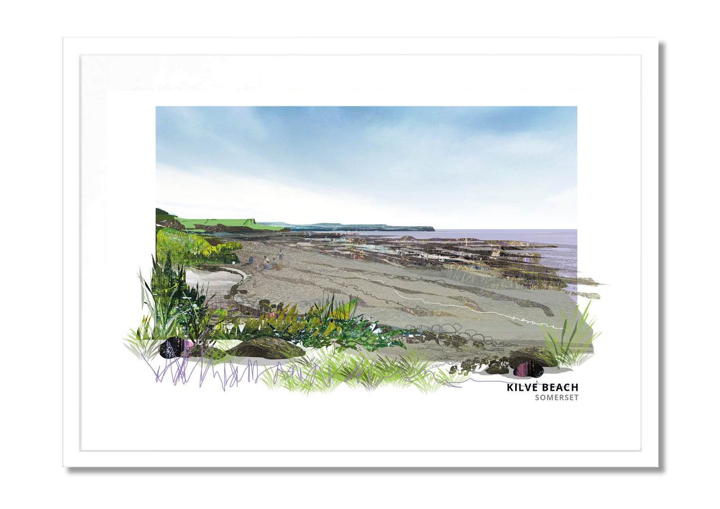 Kilve Beach art print by Vicki Shortt, the rocky ledges and shore at Kilve on the Somerset coast, in a white frame
