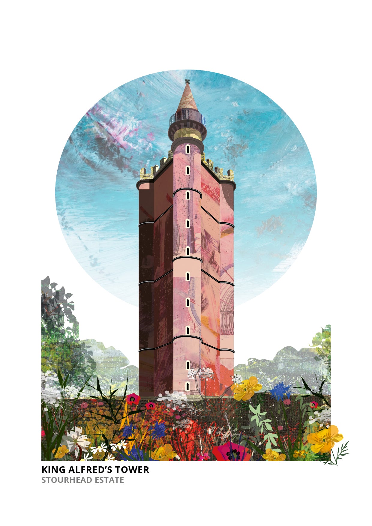 King Alfred's Tower art print by Vicki Shortt, the red-brick folly tower on the Stourhead estate, Somerset