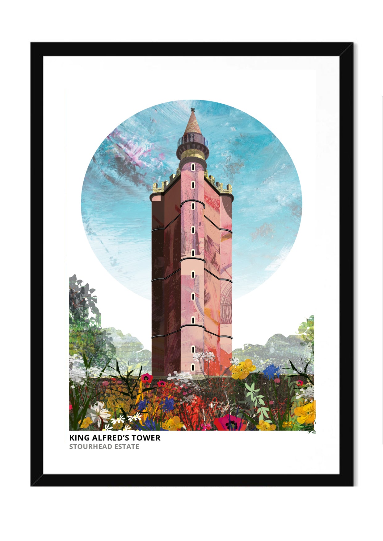 King Alfred's Tower art print by Vicki Shortt, the red-brick folly tower on the Stourhead estate, Somerset, in a black frame