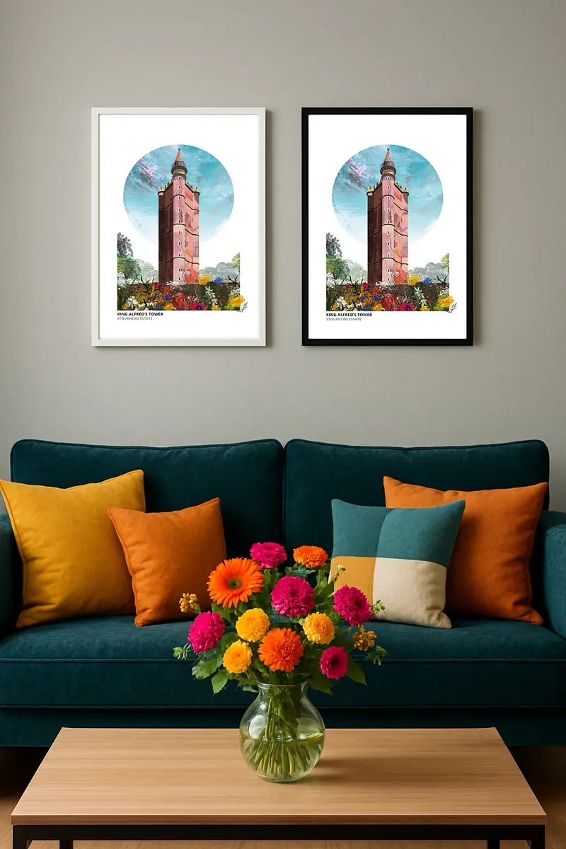 King Alfred's Tower art print by Vicki Shortt, the red-brick folly tower on the Stourhead estate, Somerset, framed in a room setting
