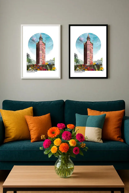 King Alfred's Tower art print by Vicki Shortt, the red-brick folly tower on the Stourhead estate, Somerset, framed in a room setting