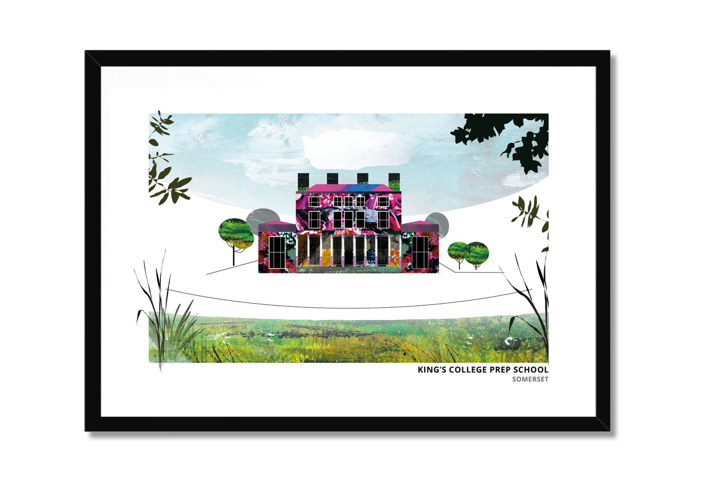 King's College Prep art print by Vicki Shortt, the prep school buildings in Somerset, in a black frame
