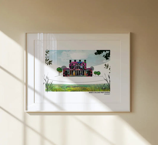 King's College Prep art print by Vicki Shortt, the prep school buildings in Somerset, framed in a room setting