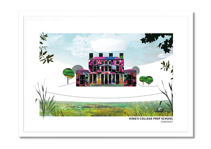 King's College Prep art print by Vicki Shortt, the prep school buildings in Somerset, in a white frame