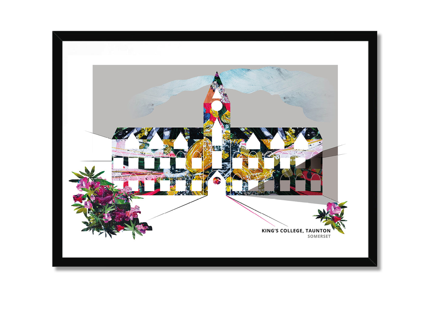 King's College Taunton art print by Vicki Shortt, the college buildings and chapel in Somerset, in a black frame