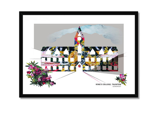 King's College Taunton art print by Vicki Shortt, the college buildings and chapel in Somerset, in a black frame
