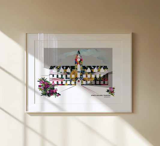 King's College Taunton art print by Vicki Shortt, the college buildings and chapel in Somerset, framed in a room setting