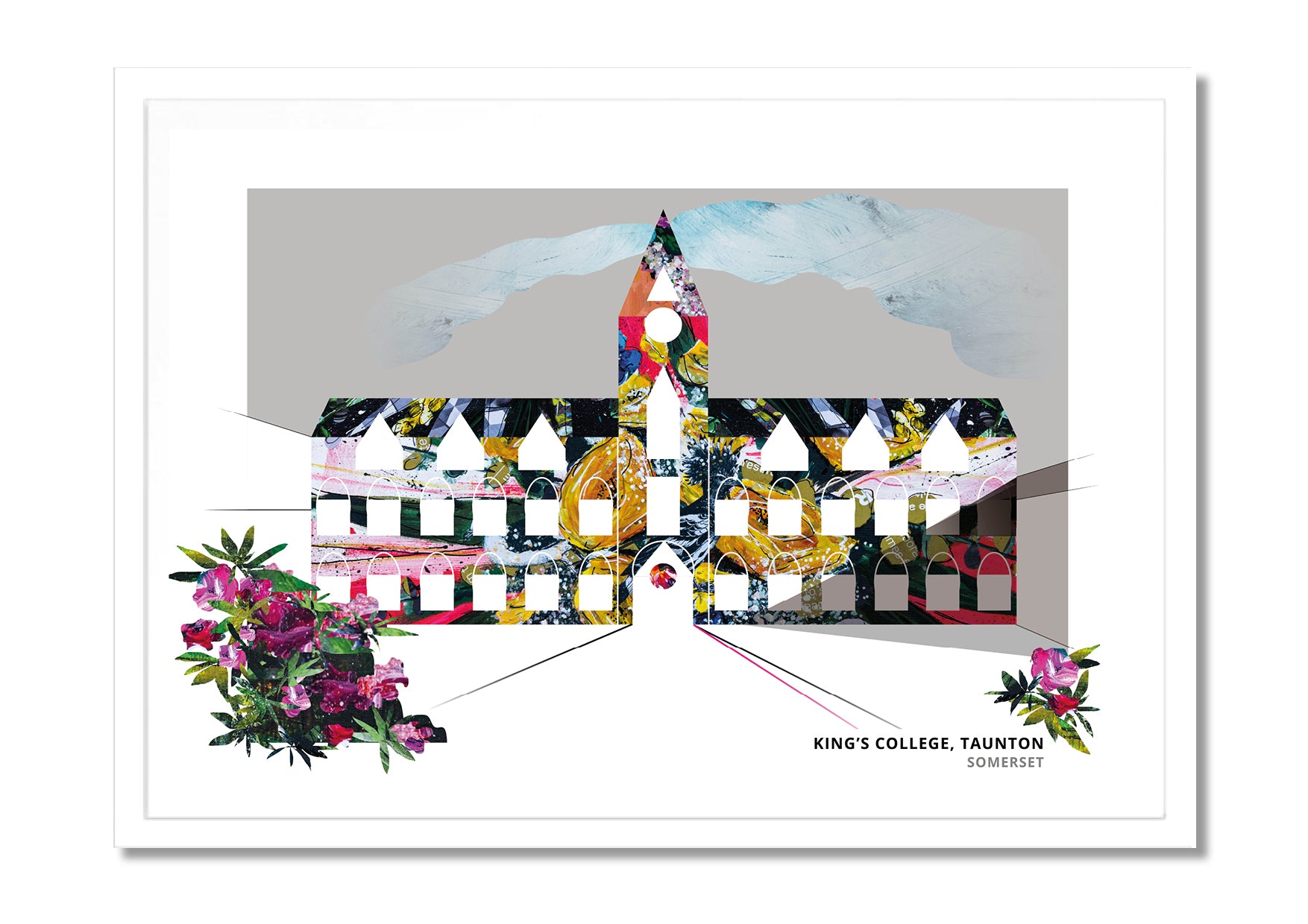 King's College Taunton art print by Vicki Shortt, the college buildings and chapel in Somerset, in a white frame