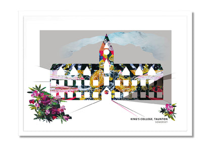 King's College Taunton art print by Vicki Shortt, the college buildings and chapel in Somerset, in a white frame