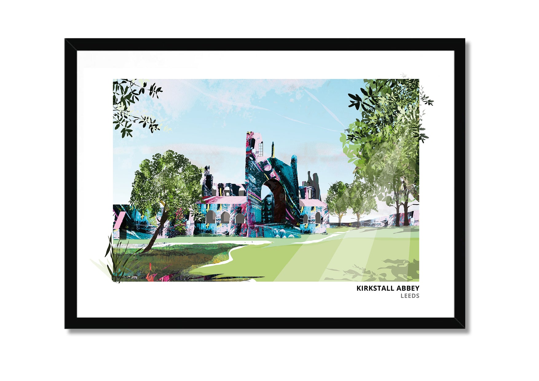 Kirkstall Abbey art print by Vicki Shortt, the Cistercian abbey ruins beside the River Aire in Leeds, in a black frame