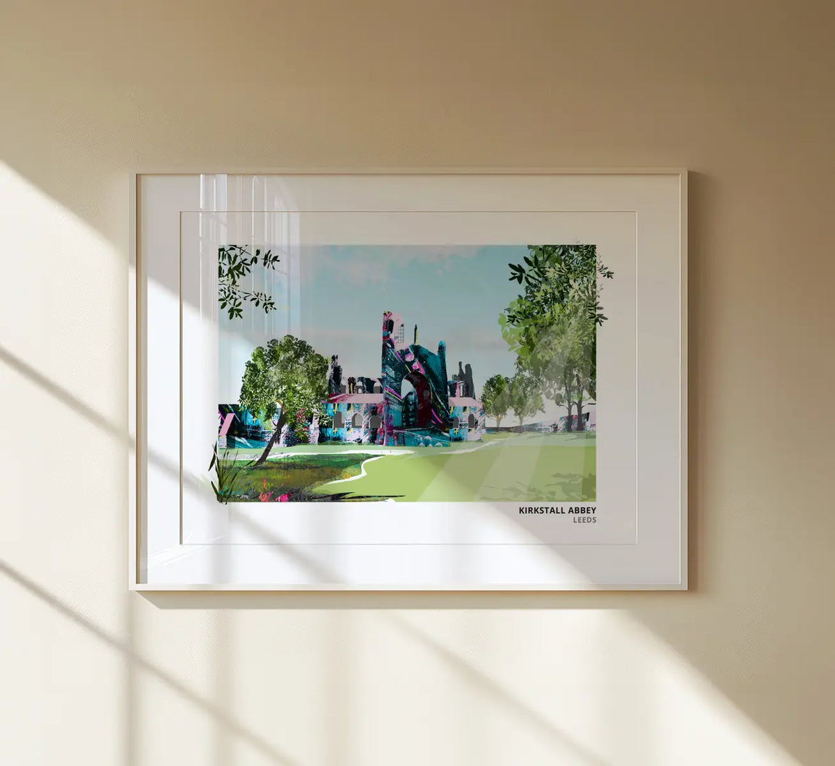 Kirkstall Abbey art print by Vicki Shortt, the Cistercian abbey ruins beside the River Aire in Leeds, framed in a room setting
