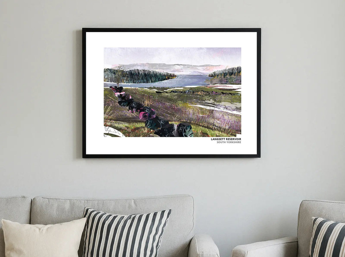 Langsett Reservoir art print by Vicki Shortt, the reservoir on the edge of the Peak District, South Yorkshire, framed in a room setting