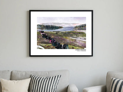 Langsett Reservoir art print by Vicki Shortt, the reservoir on the edge of the Peak District, South Yorkshire, framed in a room setting