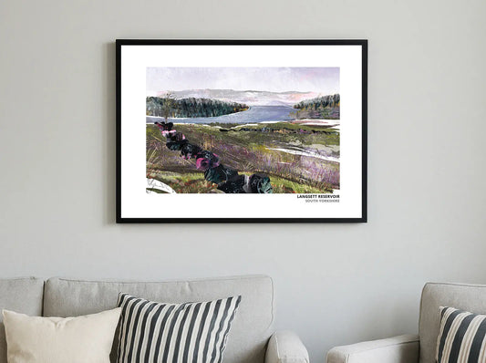 Langsett Reservoir art print by Vicki Shortt, the reservoir on the edge of the Peak District, South Yorkshire, framed in a room setting