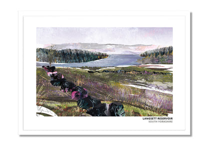 Langsett Reservoir art print by Vicki Shortt, the reservoir on the edge of the Peak District, South Yorkshire, in a white frame