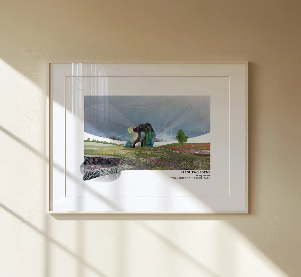 Large Two Forms Sculpture, Yorkshire Sculpture Park art print by Vicki Shortt, Henry Moore's reclining bronze in the park grounds, framed in a room setting