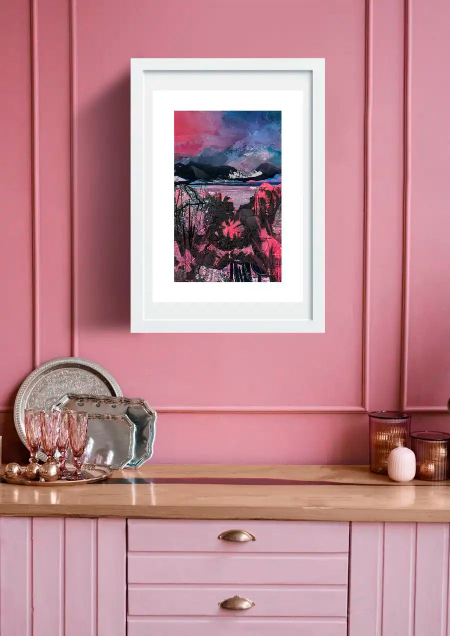 A Vicki Shortt limited edition landscape art print on a pink wall