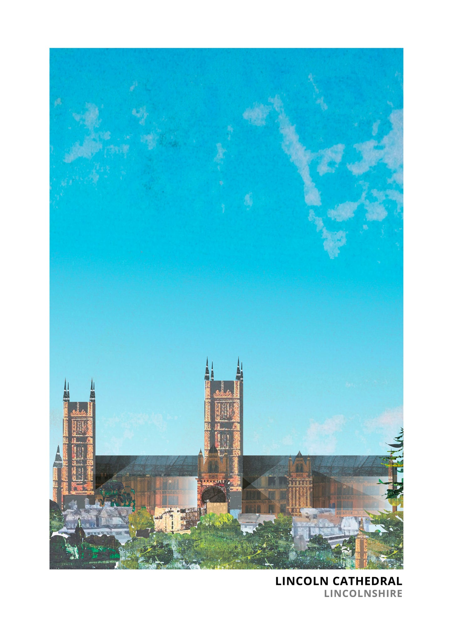 Lincoln Cathedral art print by Vicki Shortt, the three towers of the cathedral above the city of Lincoln