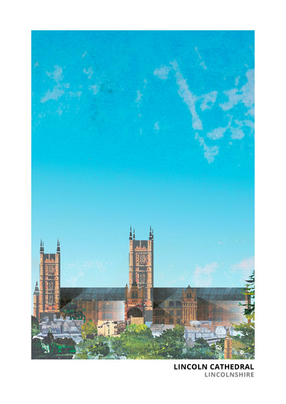 Lincoln Cathedral art print by Vicki Shortt, the three towers of the cathedral above the city of Lincoln