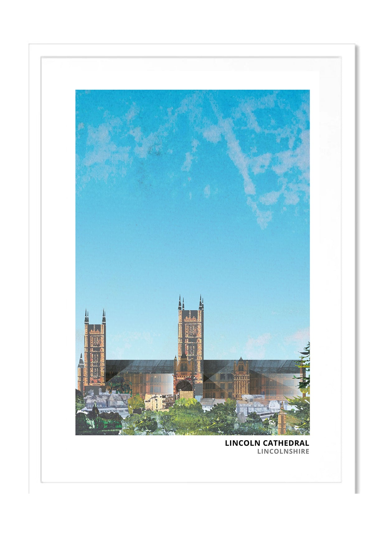Lincoln Cathedral art print by Vicki Shortt, the three towers of the cathedral above the city of Lincoln, in a white frame