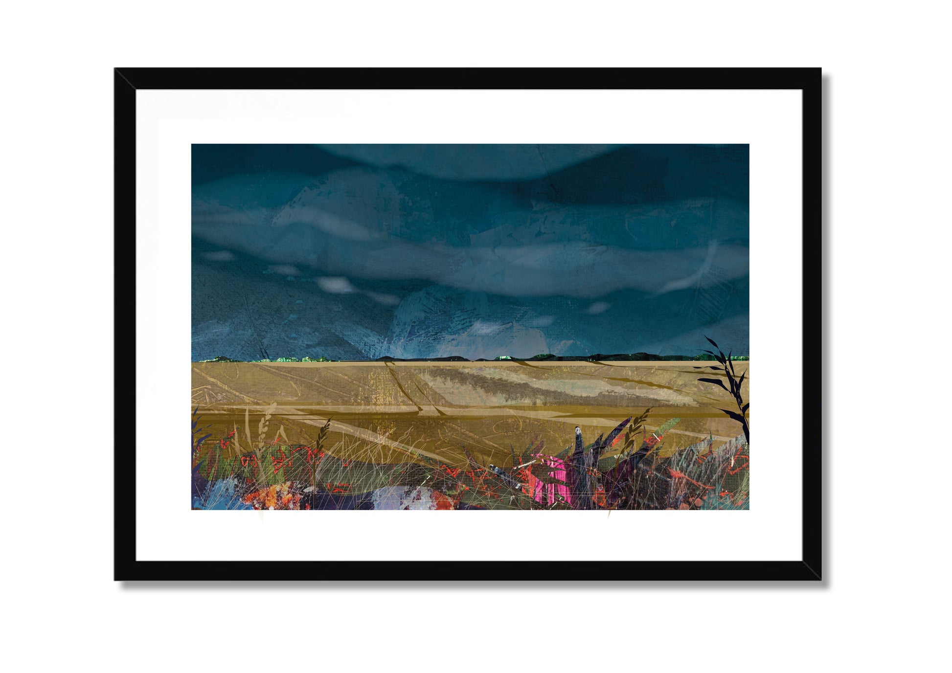 Lincolnshire Landscape art print by Vicki Shortt, Design 1, the wide flat fields and big skies of the Lincolnshire landscape, in a black frame