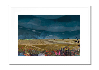 Lincolnshire Landscape art print by Vicki Shortt, Design 1, the wide flat fields and big skies of the Lincolnshire landscape, in a white frame