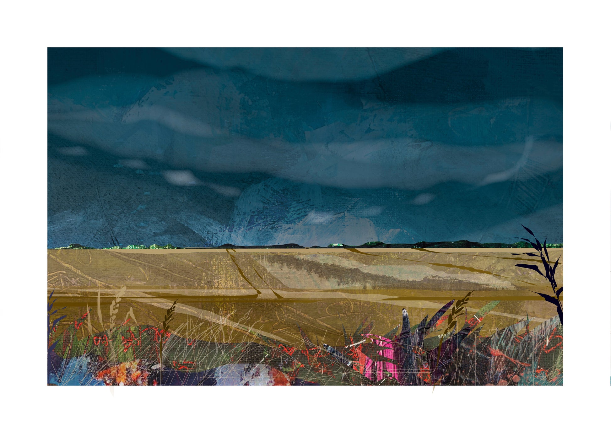 Lincolnshire Landscape art print by Vicki Shortt, the wide flat fields and big skies of the Lincolnshire landscape, Design 2, with a path