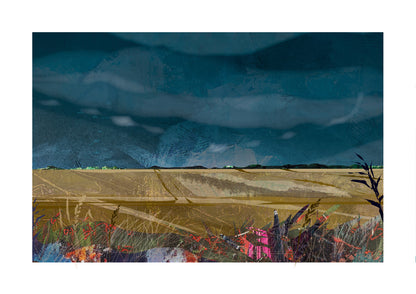 Lincolnshire Landscape art print by Vicki Shortt, the wide flat fields and big skies of the Lincolnshire landscape, Design 2, with a path