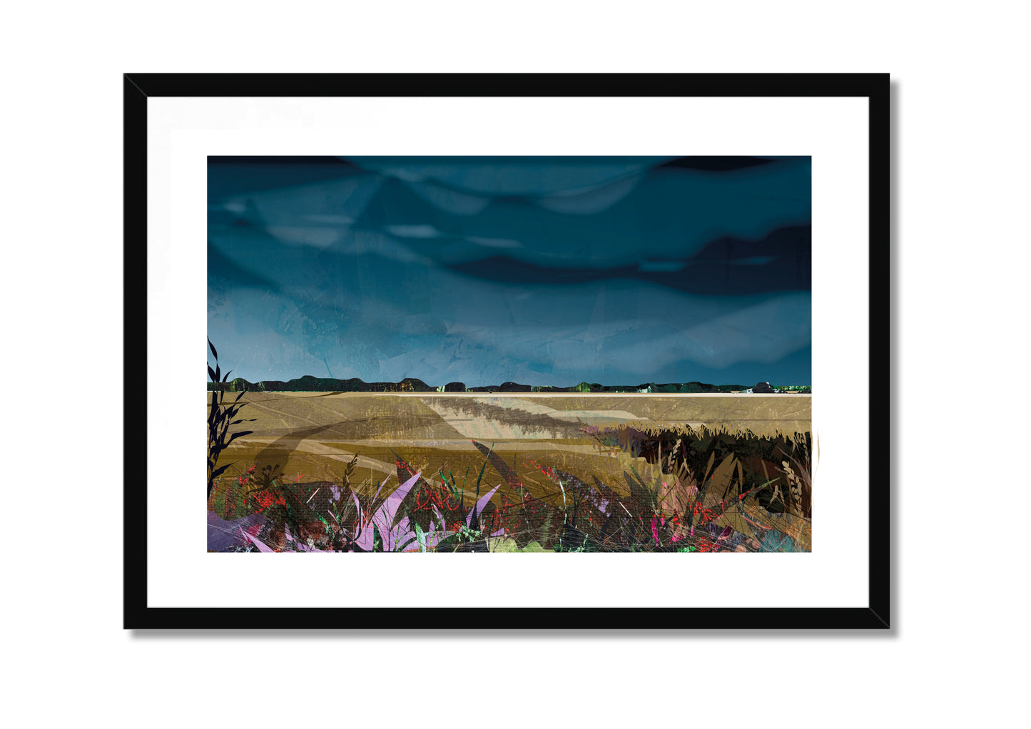 Lincolnshire Landscape art print by Vicki Shortt, Design 2, the wide flat fields and big skies of the Lincolnshire landscape, in a black frame
