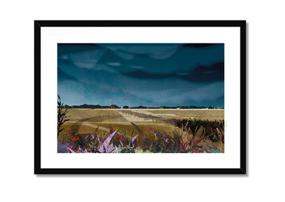 Lincolnshire Landscape art print by Vicki Shortt, Design 2, the wide flat fields and big skies of the Lincolnshire landscape, in a black frame
