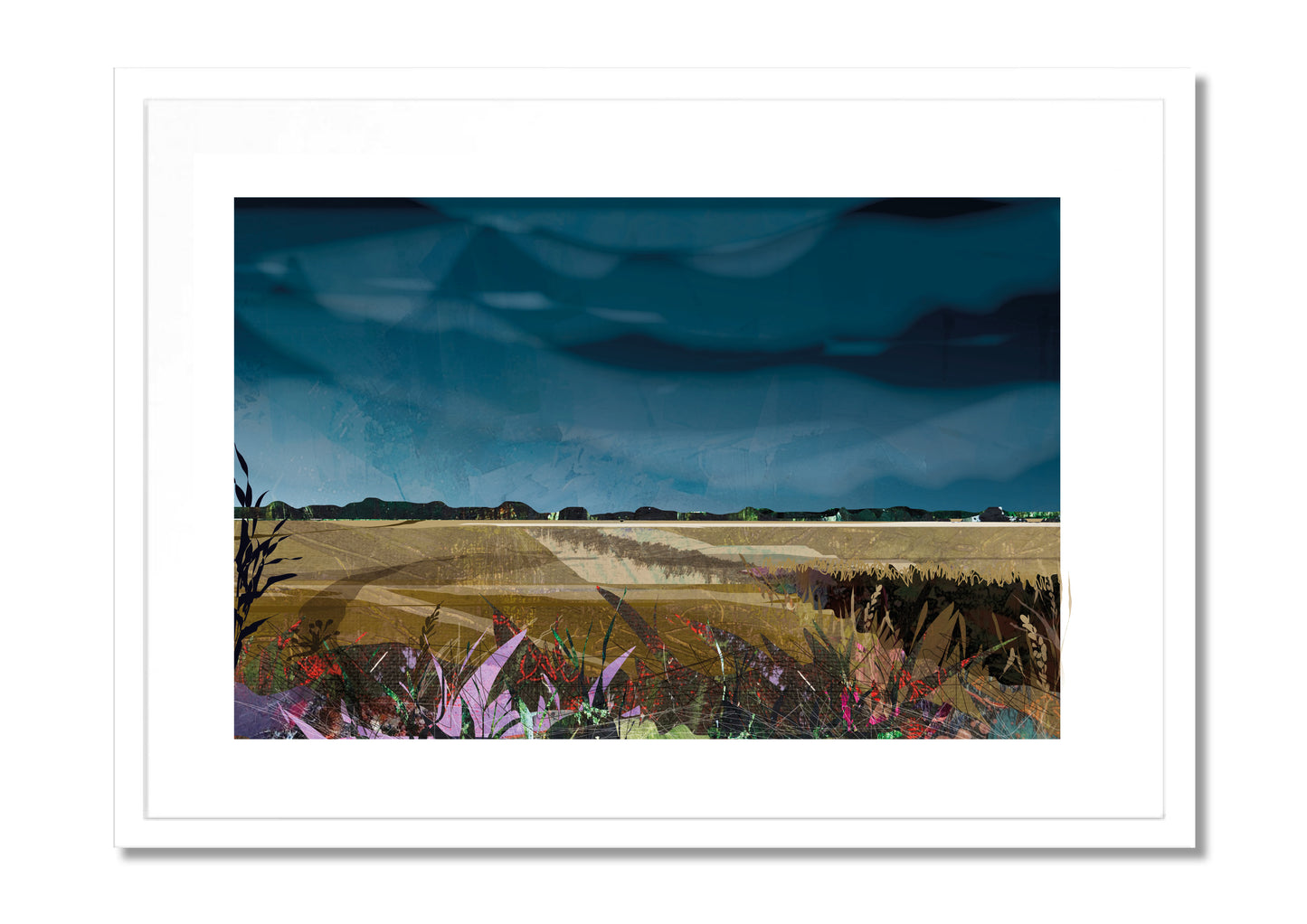 Lincolnshire Landscape art print by Vicki Shortt, Design 2, the wide flat fields and big skies of the Lincolnshire landscape, in a white frame