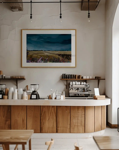 Lincolnshire Landscape art print by Vicki Shortt, the wide flat fields and big skies of the Lincolnshire landscape, framed in a room setting